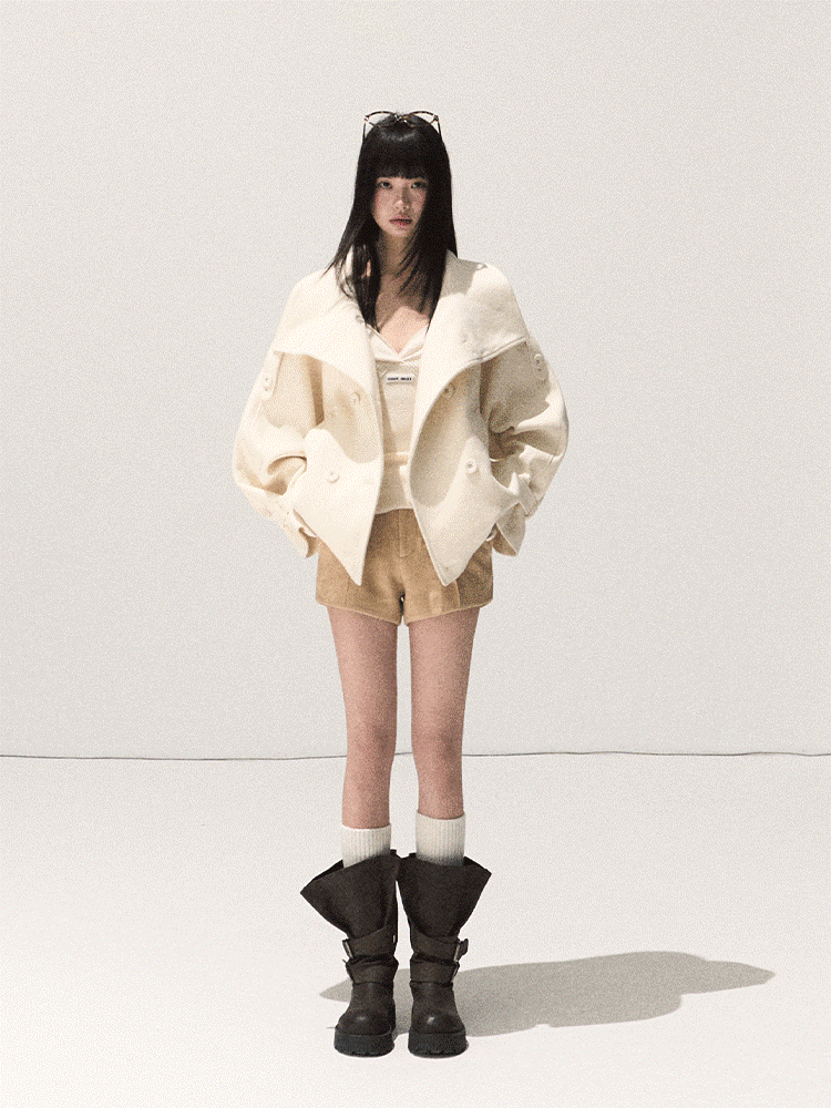 OAKMOO/ Sand Beige Wool Stand-Collar Short Coat