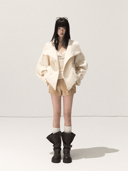 OAKMOO/ Sand Beige Wool Stand-Collar Short Coat