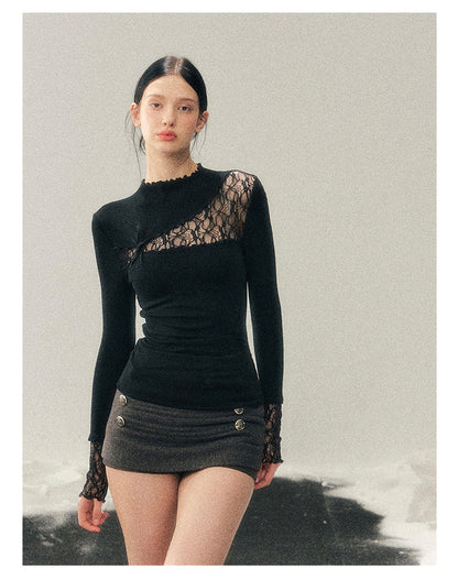 少也眼 “Interplay of Illusion” Semi-High Neck Lace Cutout Top - Black
