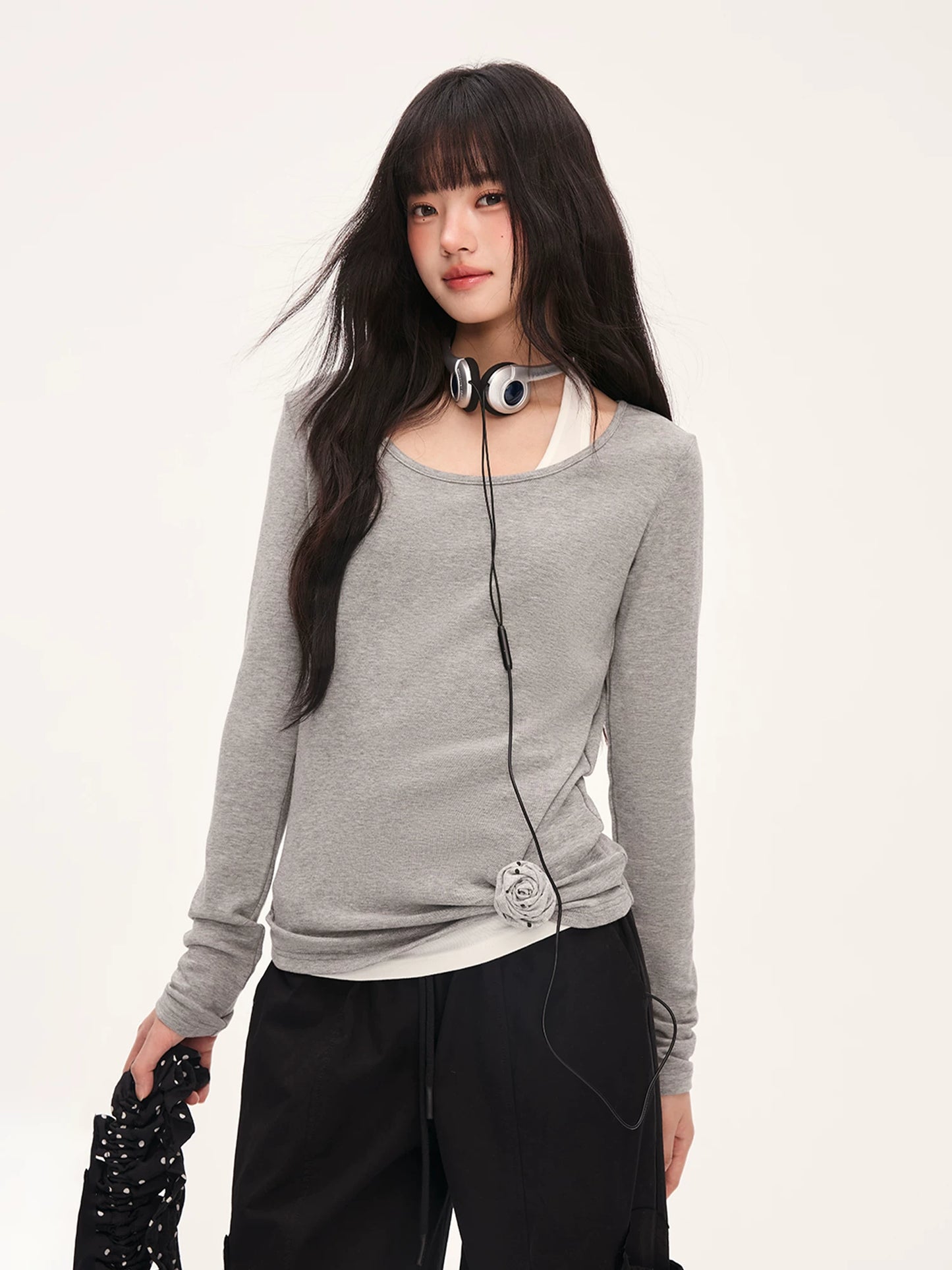 "Layered Grace" Gray Halter Two-Piece Long Sleeve Top