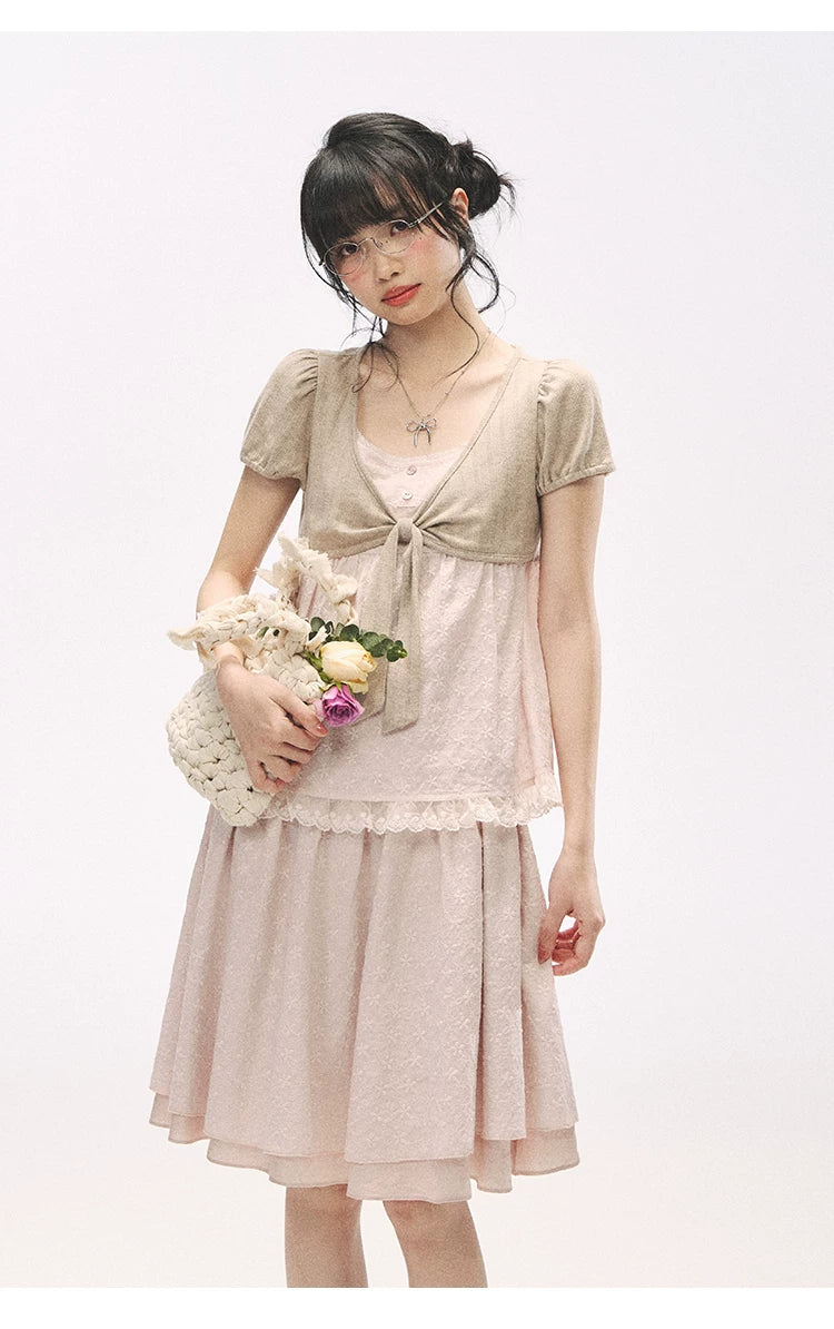 "Sweetheart Pages" Blush Pink Bow Puff Sleeve Top & A-Line Skirt Set