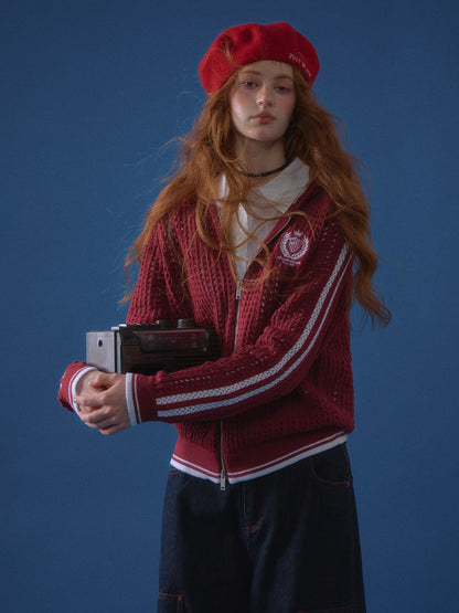ASGONY - Varsity Crochet Knit Zip-Up Hoodie (Bold Wine Red)