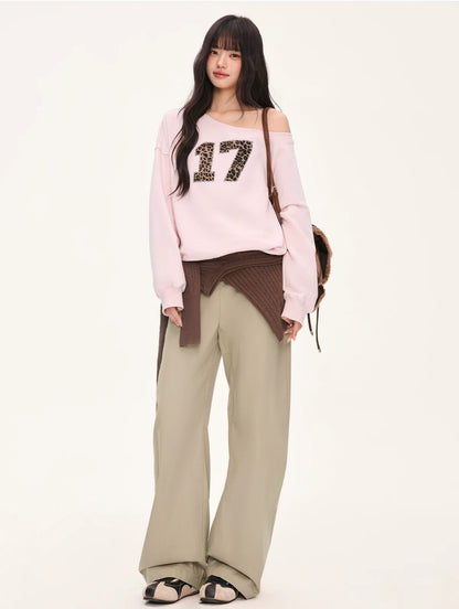 "Pink Panther Mood" Blush Pink Leopard Patch One-Shoulder Sweatshirt