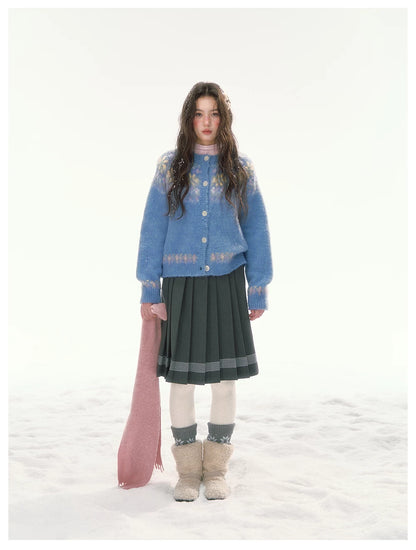 CANSTORE - "Blue Sky Echo" Fair Isle Bow Jacquard Knit Cardigan