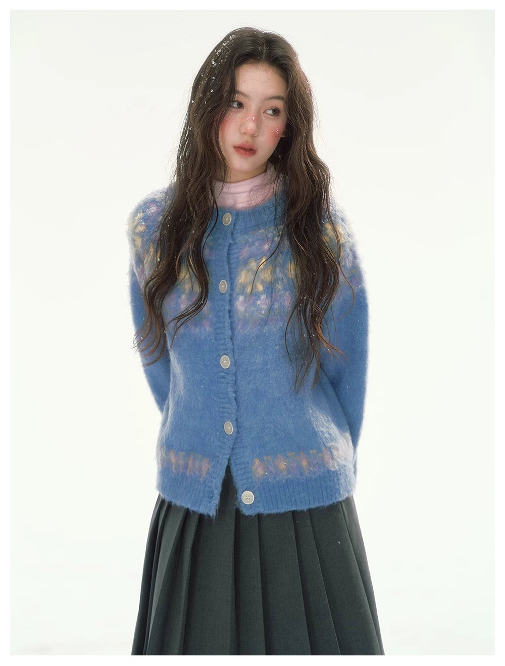 CANSTORE - "Blue Sky Echo" Fair Isle Bow Jacquard Knit Cardigan