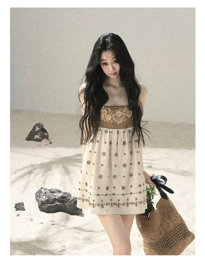 "Whispers Through the Wheat Fields" Oat Beige Floral Cami Babydoll Mini Dress