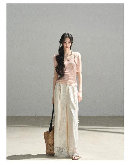"Where Clouds Fall" Ruffle Sleeve V-Neck Crop Top (Forest Green/ Sage Gray/ Misty Blue/ Cinnamon Pink)