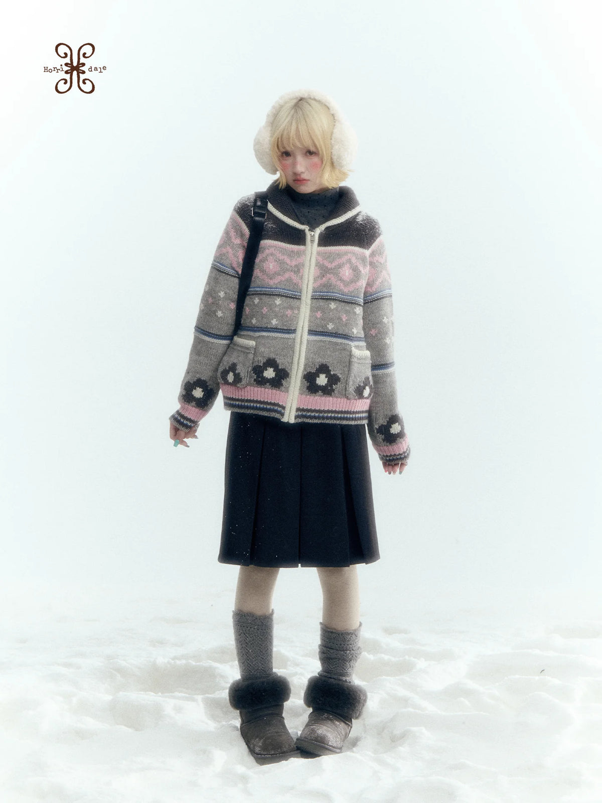 Horridale - Gray Pink Fair Isle Floral Zip-Up Knit Cardigan