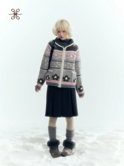 Horridale - Gray Pink Fair Isle Floral Zip-Up Knit Cardigan