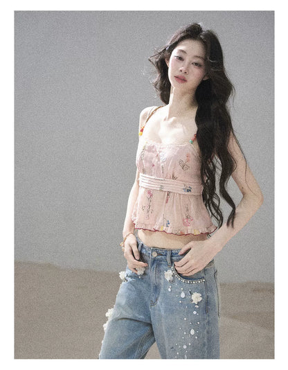 "Starlit Grace" Mist Blue Handmade Floral Wide-Leg Jeans