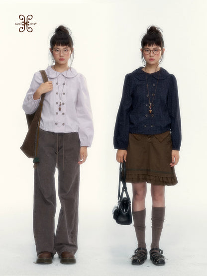 “Academy Melody” Navy Plaid & Dusty Purple Peter Pan Collar Cotton Shirt (Navy Plaid / Dusty Purple)