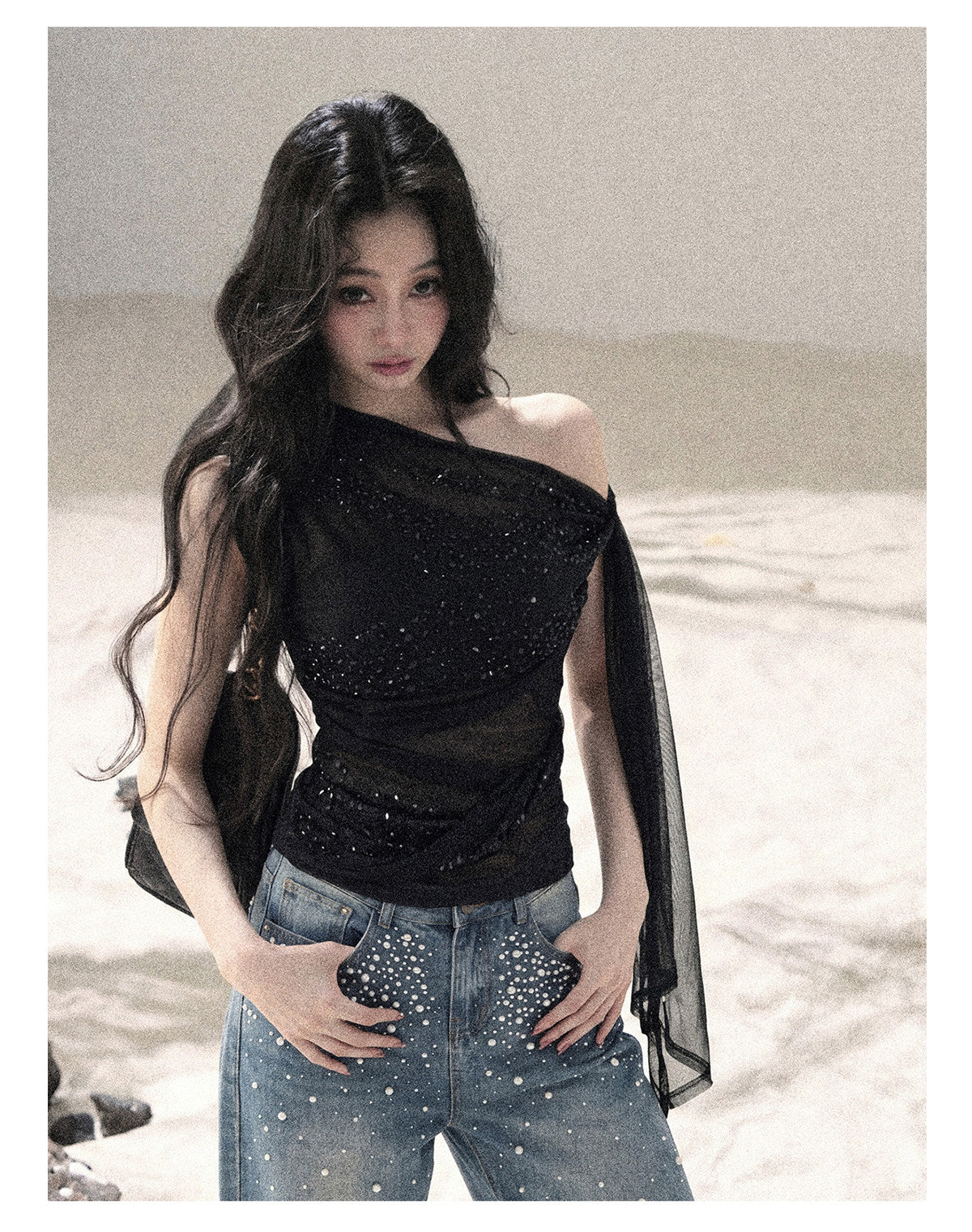 “Frosted Kiss” Quiet Black Crystal Mesh Sleeveless Top
