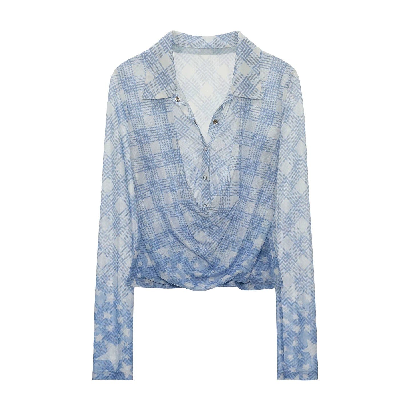 Layered Plaid Mesh Long Sleeve Shirt (Red / Blue)
