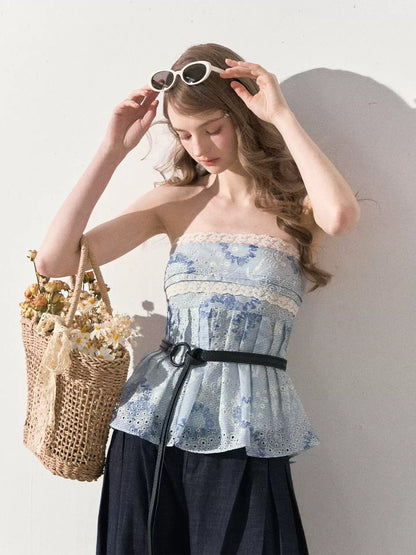 "Weekend Market" Blue Porcelain Peplum Tube Top