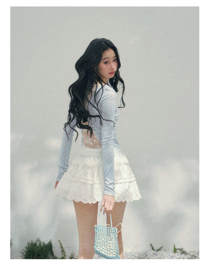 少也眼 "Heartbeat Pause" Baby Blue Back Lace Cut-Out Top 53685634