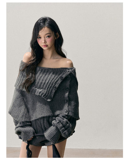 少也眼 “Falling Awake” Off-Shoulder Korean Knit Two-Piece Top with Shawl 9465