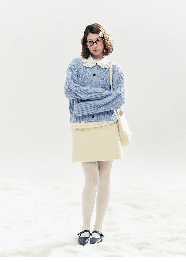 "Cotton Mousse" Cable Knit Cardigan with Detachable Ruffle Collar (Cotton Blue/ Soft White)