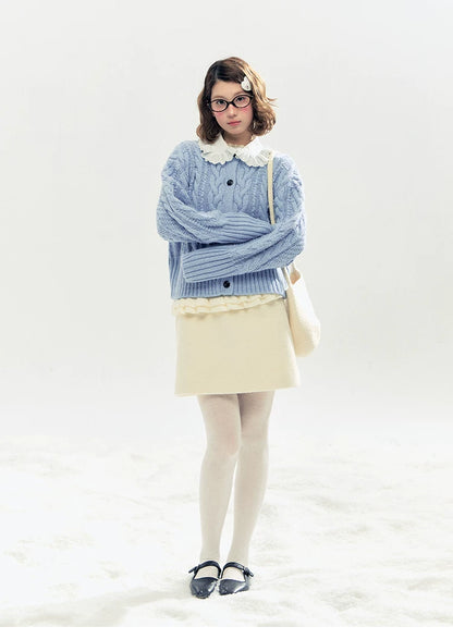 "Cotton Mousse" Cable Knit Cardigan with Detachable Ruffle Collar (Cotton Blue/ Soft White)