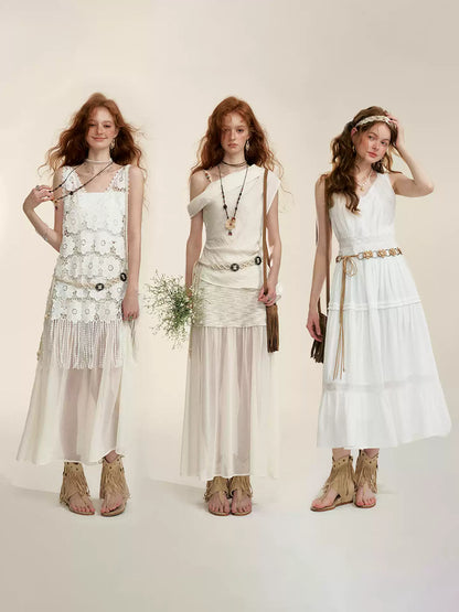 Apricot Sheer-Panel Midi Skirt