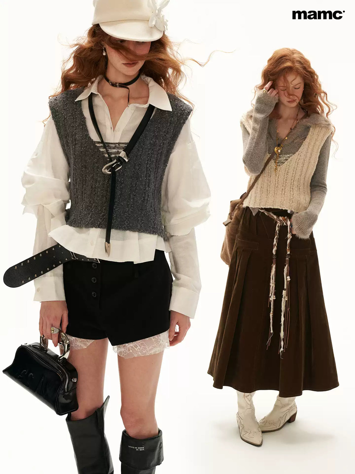 MAMC - U-Neck Textured Knit Vest - Cropped Sleeveless Sweater Top (Gray / Cream)