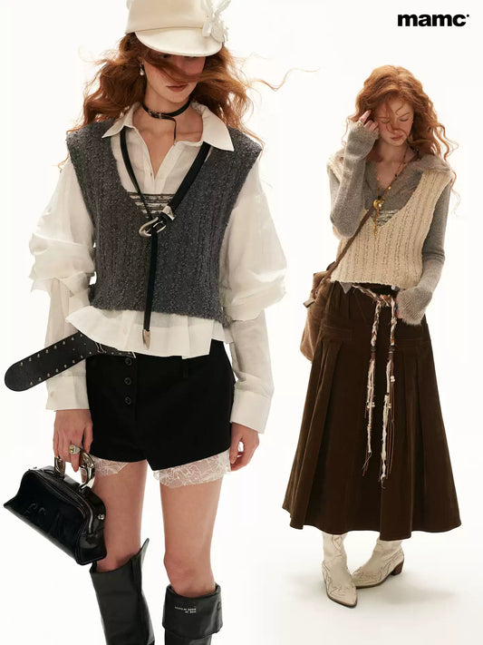 MAMC - U-Neck Textured Knit Vest - Cropped Sleeveless Sweater Top (Gray / Cream)