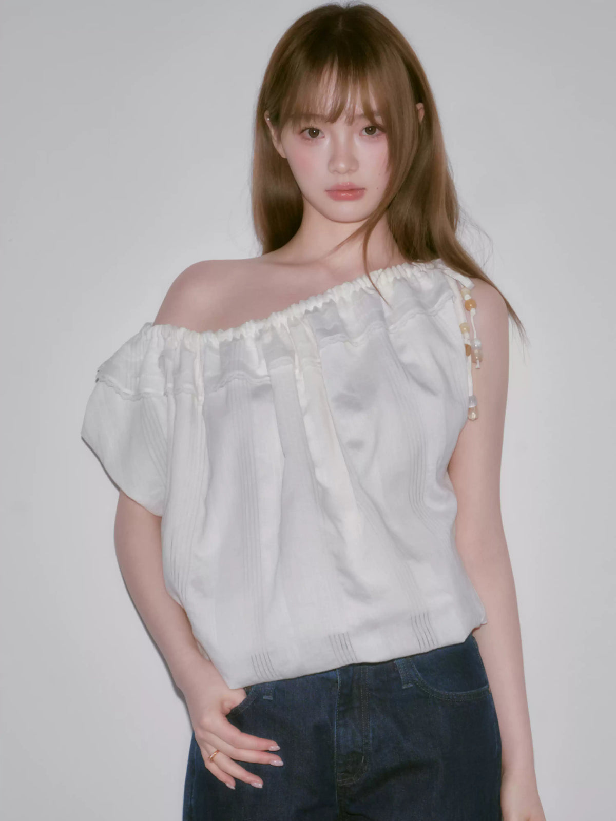 LOST FOREST - Natural Linen-Blend Drawstring Shoulder Top