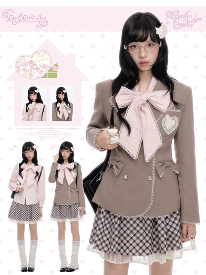“Melody Academia” Pink Blazer + Blush Pink Shirt + Black & White Plaid Skirt Set