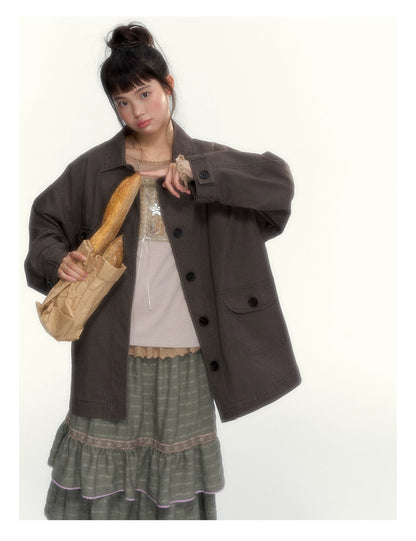 Dark Coffee Brown Washed Cotton Utility Jacket