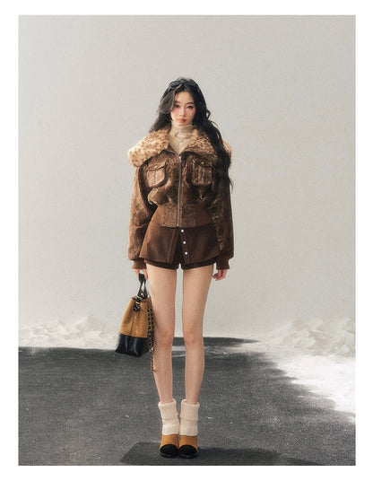 少也眼 "Defocused Dreams" Melard Leopard Utility Cropped Jacket - Chestnut Brown