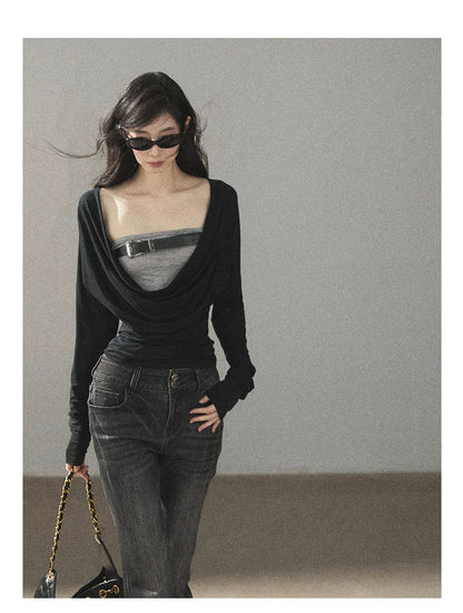 AOMALM - "Misty Shore" Quiet Black Layered Knit Mini Dress