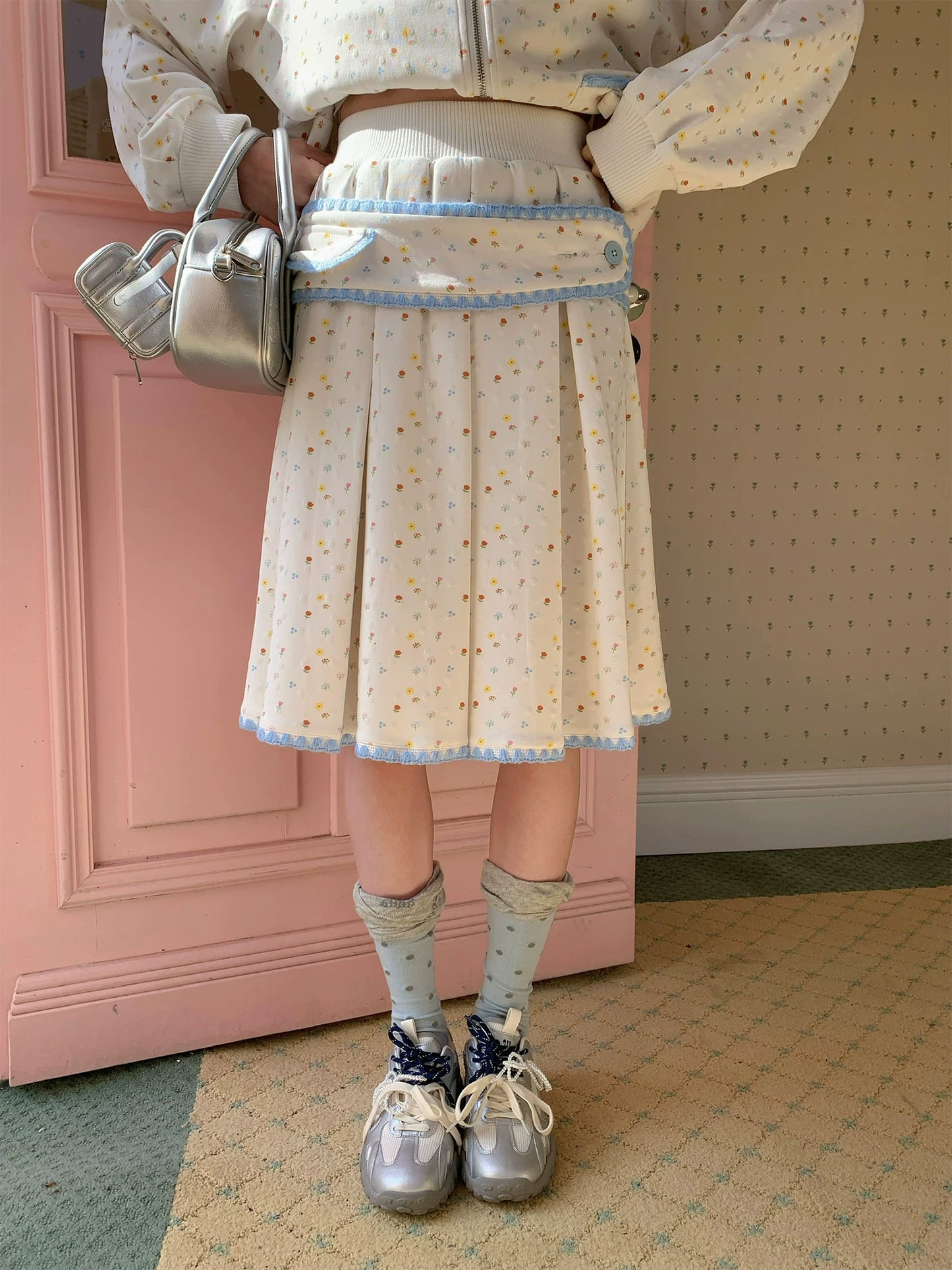 “Snow Bunny Reverie” Ivory Rabbit Ear Hoodie & Floral Pleated Mini Skirt