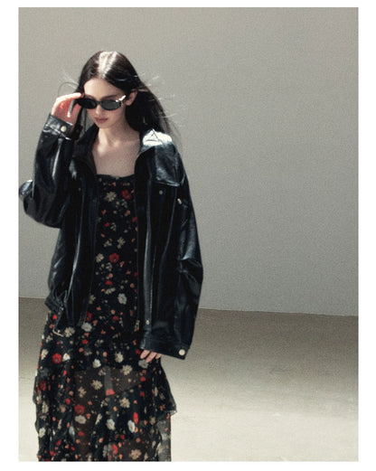 AOMALM - "Solo Journey" Quiet Black Oversized PU Moto Jacket