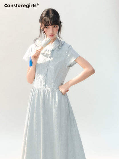 170726C "Dawn Island" Blue Puff Sleeve Doll Collar Dress