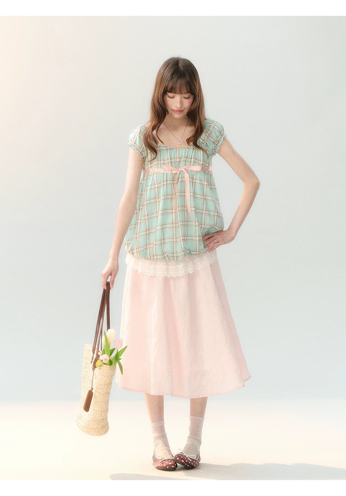 "Mint Peach Whisper" Mint Green Plaid Embroidered Skirt Set LL2026196