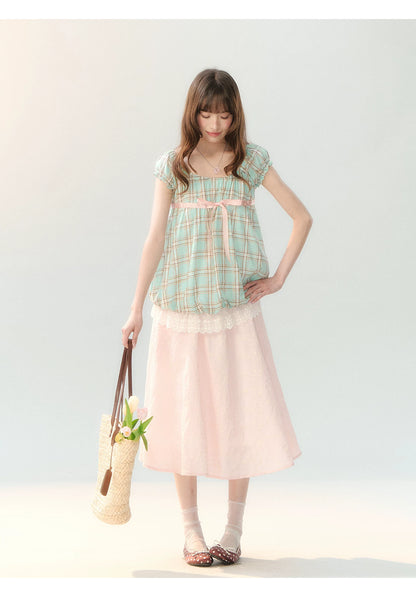 "Mint Peach Whisper" Mint Green Plaid Embroidered Skirt Set LL2026196