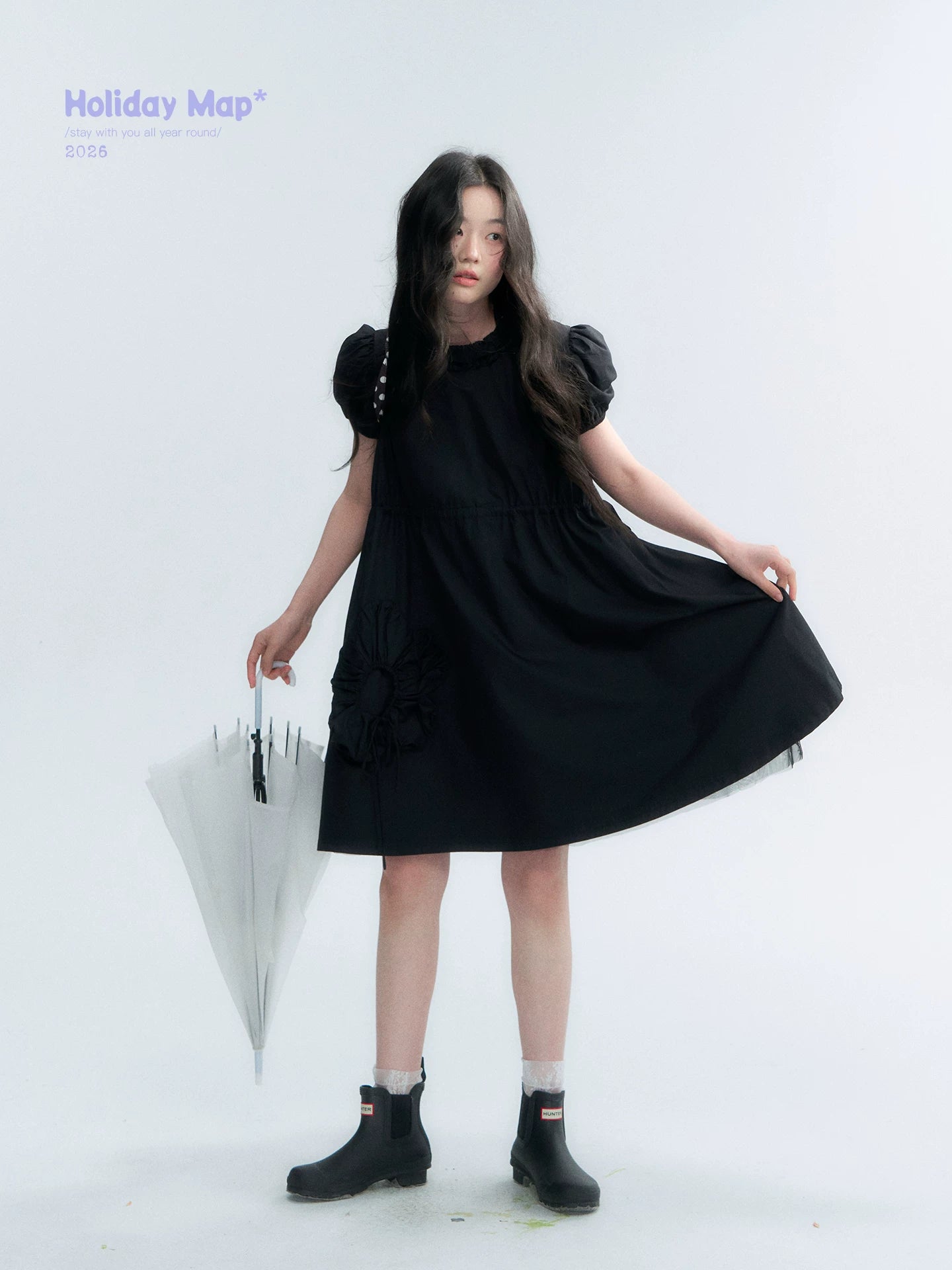 "Puff Doll Dress" Ruffle Trim Puff Sleeve Cotton A-Line Dress (White/ Black)