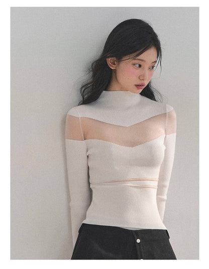 少也眼 “Whisper of Nightfall” Sheer-Panel Mock-Neck Knit Tee - White 11.18-4