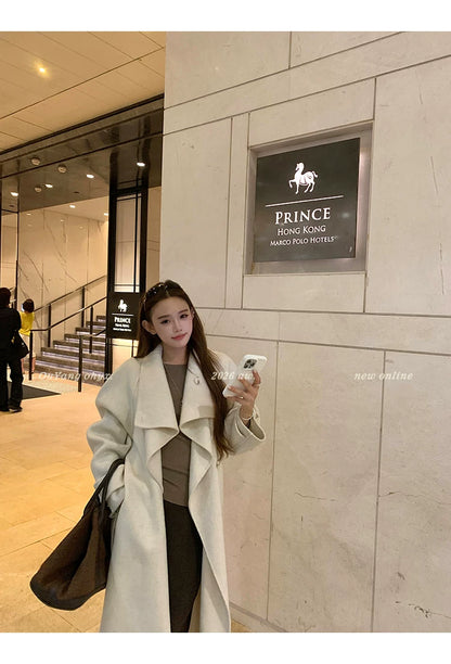 QuQuOuYang - 100% Wool Double-Face Belted Coat with Convertible Collar