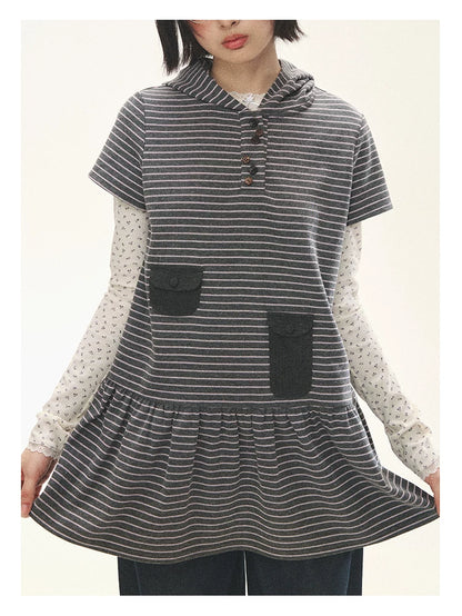 "Seoul Diary" Gray & Pink Stripe Hooded Knit Mini Dress