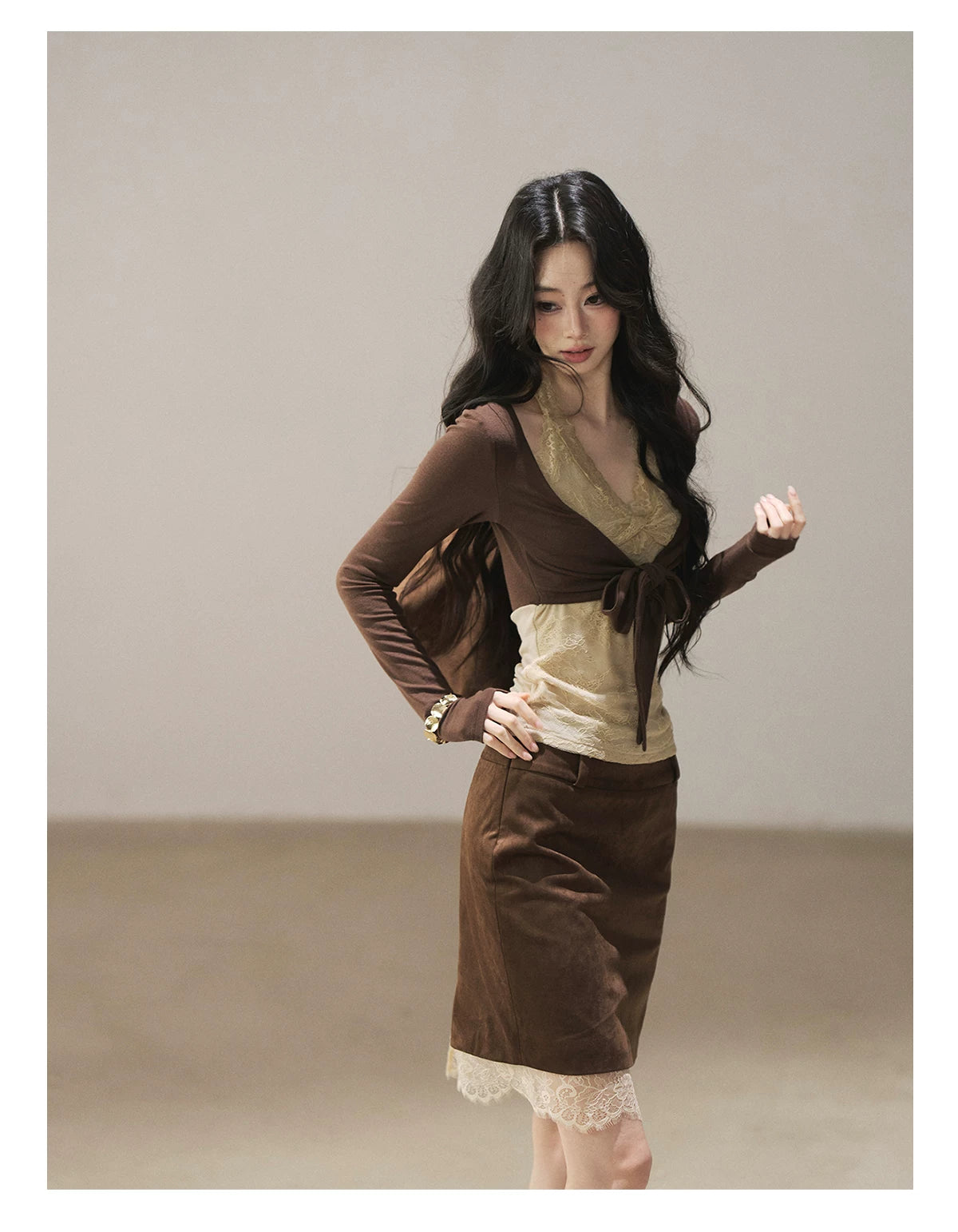 AOMALM - "Tender in This Moment" Rich Cocoa Faux Two-Piece Lace Top
