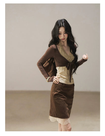 AOMALM - "Tender in This Moment" Rich Cocoa Faux Two-Piece Lace Top