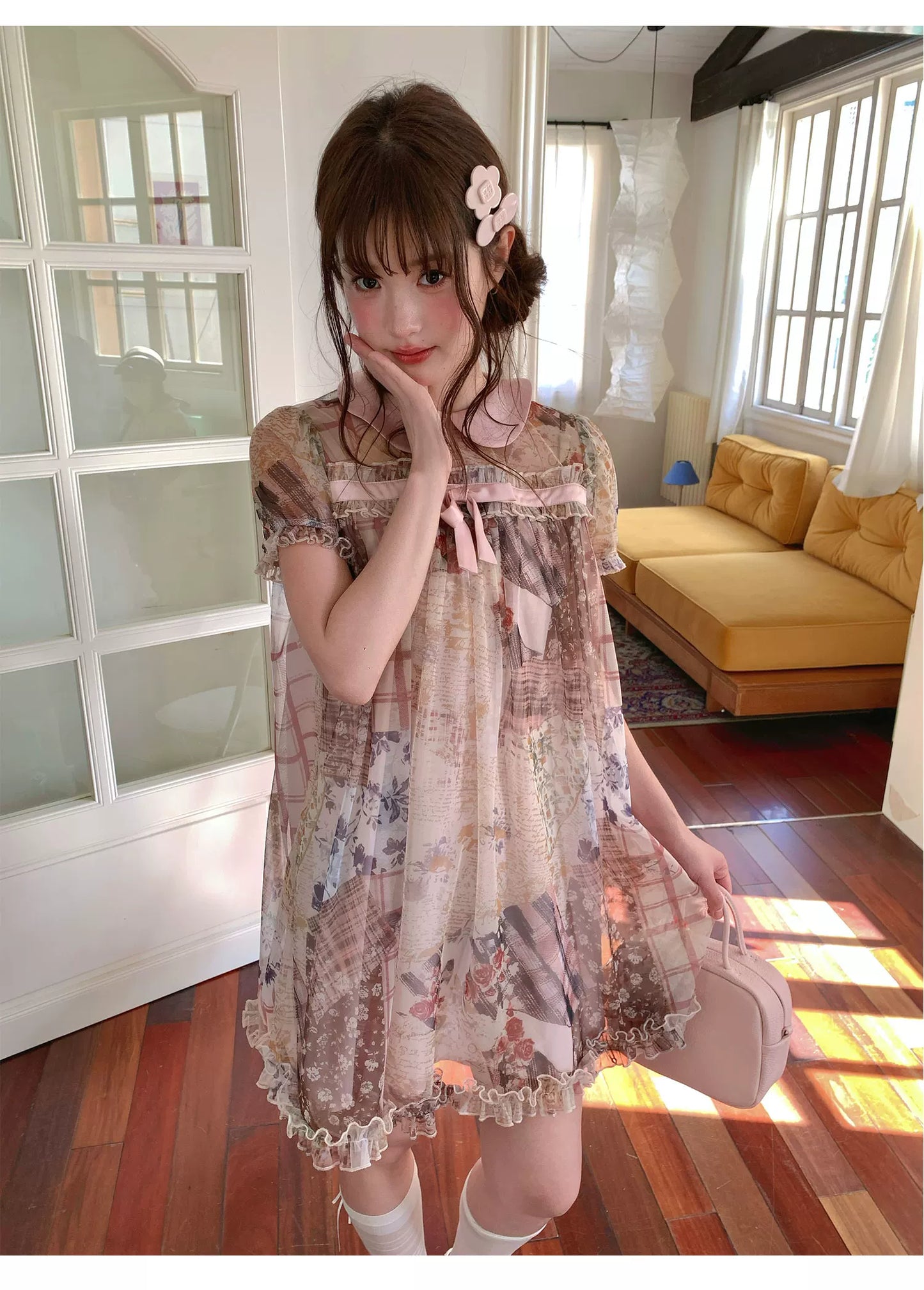 [RF] “Vintage Storybook” Light Brown Tea Patchwork Print Mini Dress