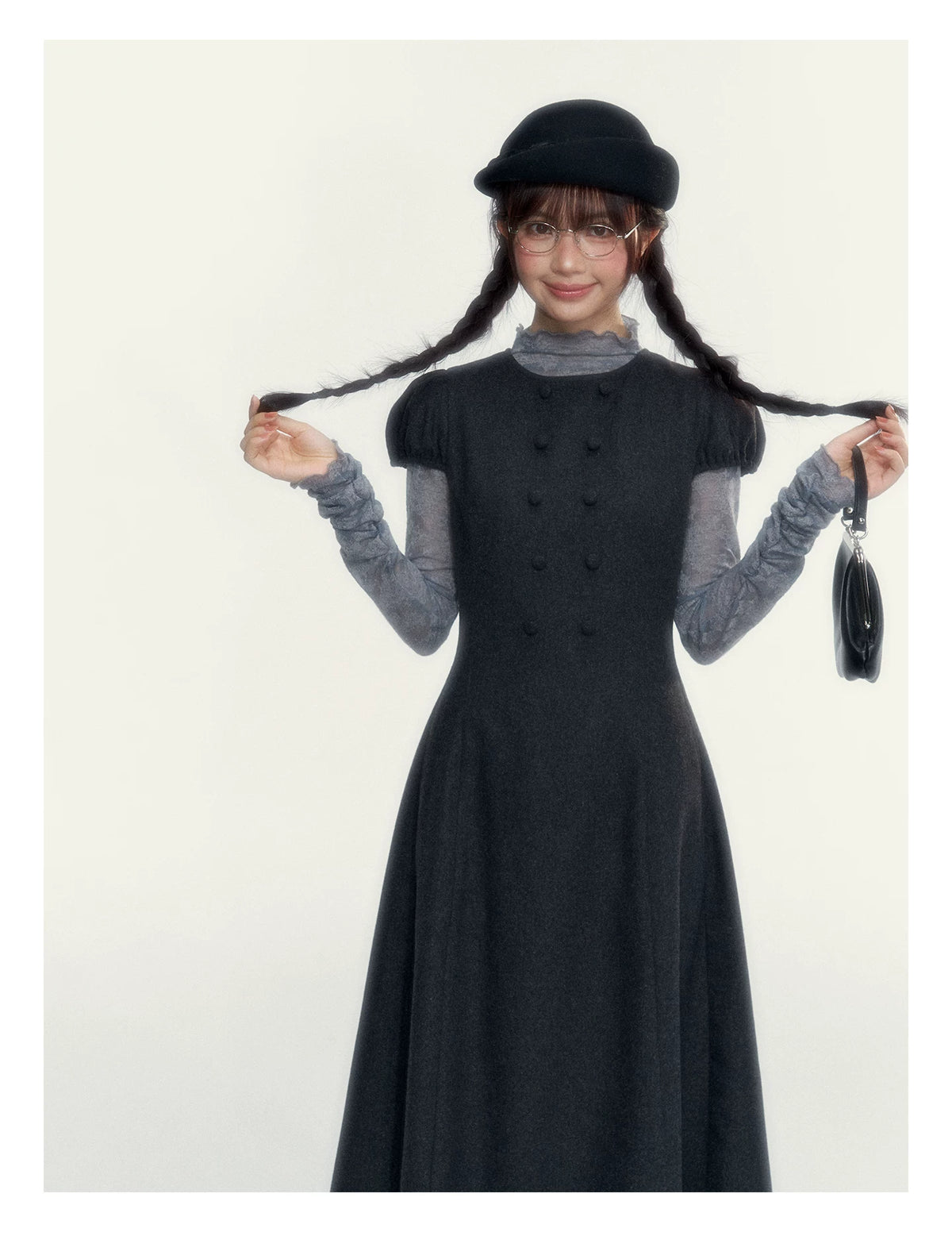 Vintage Double-Breasted Wool Dress & Knit Fringe Cape Set