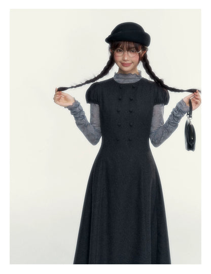 Vintage Double-Breasted Wool Dress & Knit Fringe Cape Set