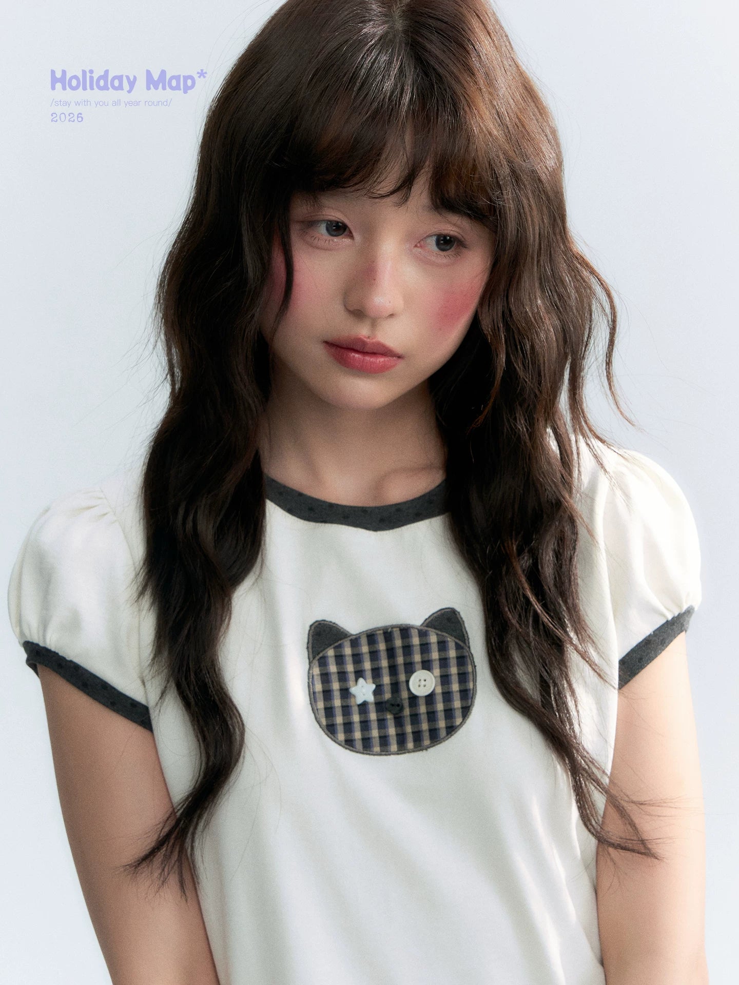 "Hide and Seek" Ivory Cat Patchwork Embroidered Puff Sleeve T-Shirt