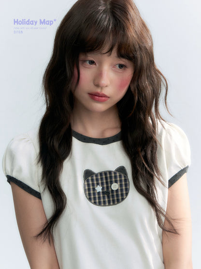 "Hide and Seek" Ivory Cat Patchwork Embroidered Puff Sleeve T-Shirt