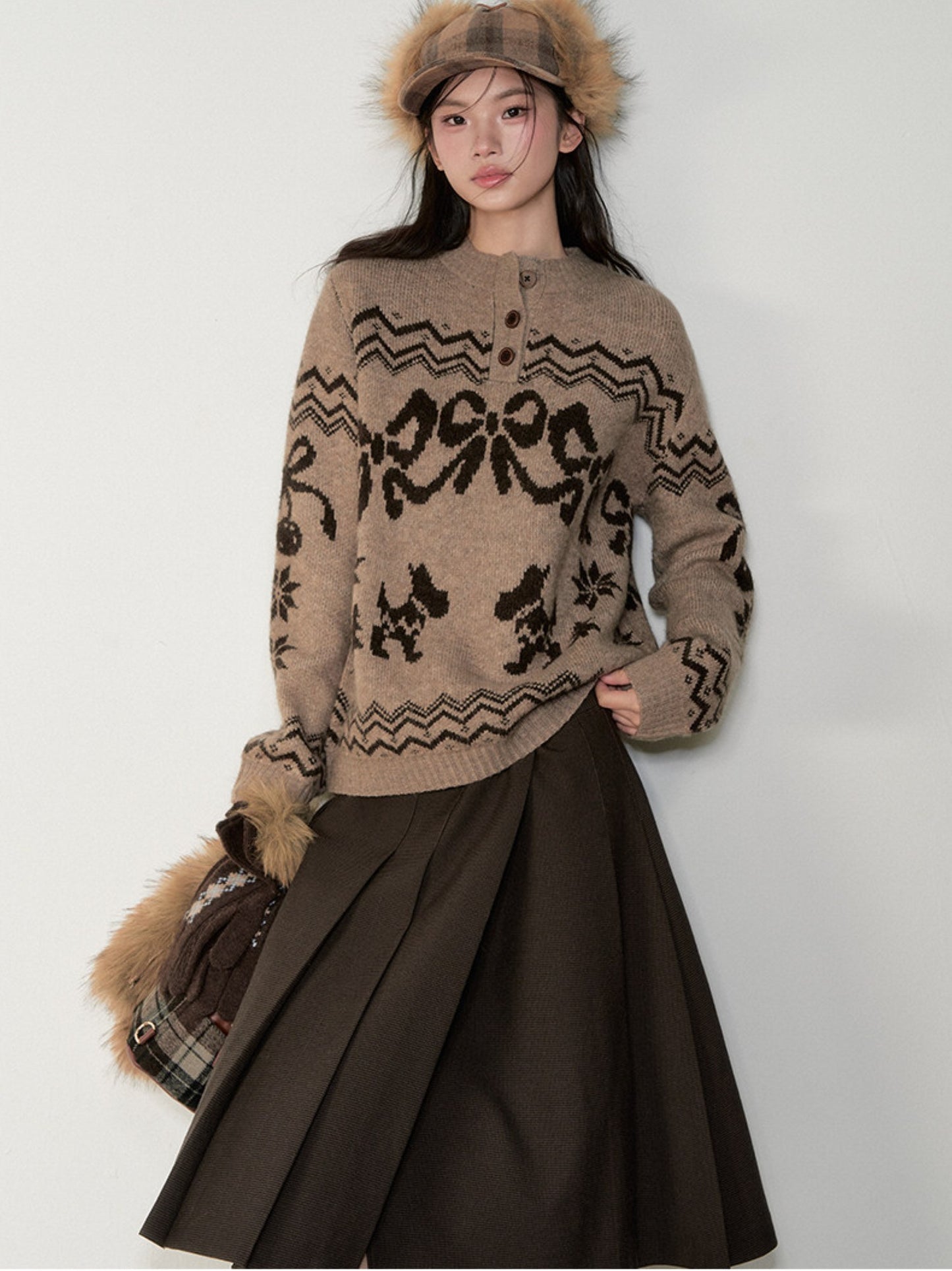 Soote Season - Fair Isle Cinnamon Bow Henley Knit Sweater