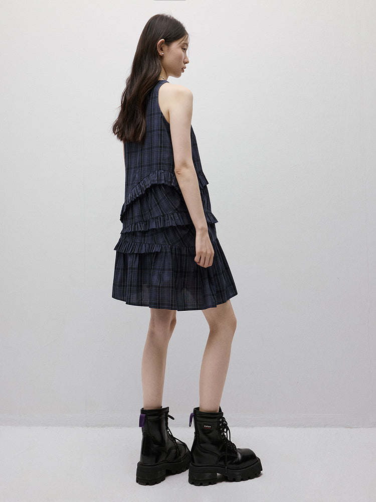 FUSSED Asymmetric Ruffle Plaid Dress – Midnight Blue FOF-25SS026