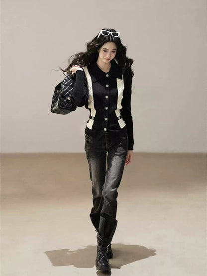 AOMALM - "Nocturne of Pine & Cypress" Black & White Contrast Knit Cardigan with Notched Collar