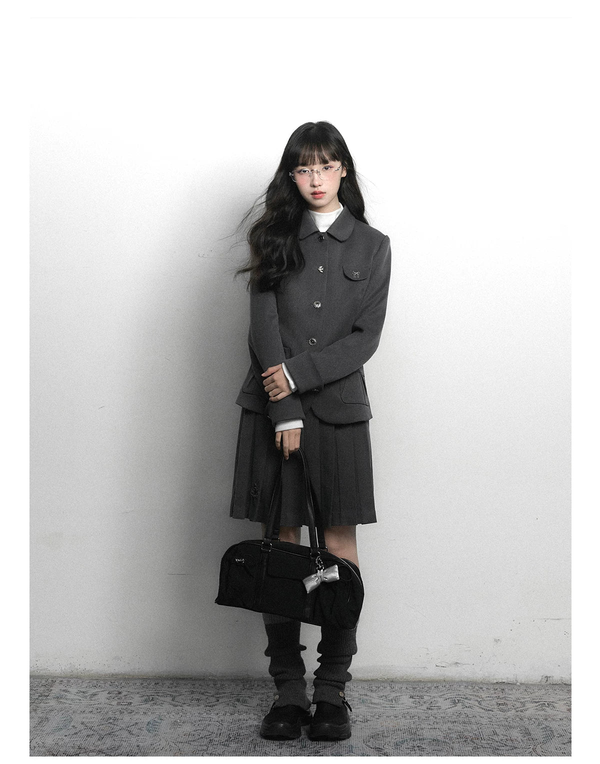 "Grey Finch" Gray Korean Preppy Suit Collection (Blazer / T-Shirt / Box Pleated Skirt)